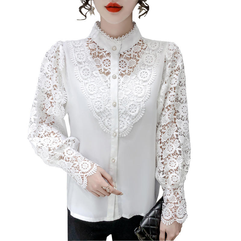 Frauen Spitze Blusen Blütenblatt Hülse Frauen Bluse Chic Taste Aushöhlen Blume Spitze Patchwork Weißes Hemd Top Weibliche Kleidung