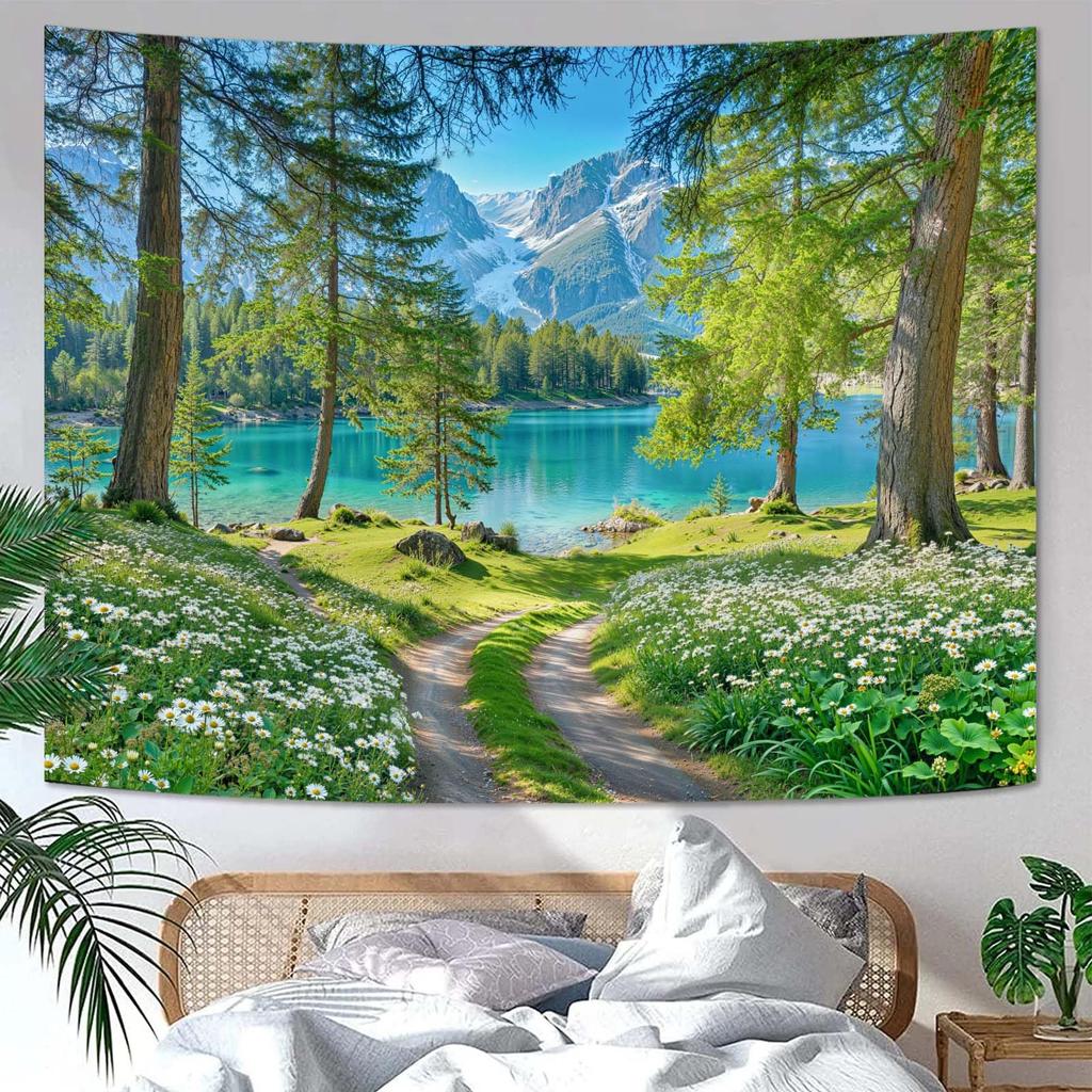 Nature Mountain Forest Tapestry Sage Green Tree Stream Wall Tapestry for Bedroom Aesthetic Lush Woodland Landscape Small