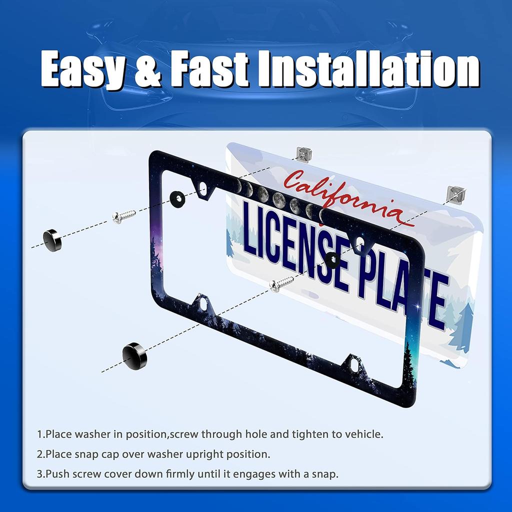 Moon License Plate Frame Starry Sky Moon Phases License Plate Stainless Steel Car Accessory Personalize Funny License Plate Holes Screws Decorative