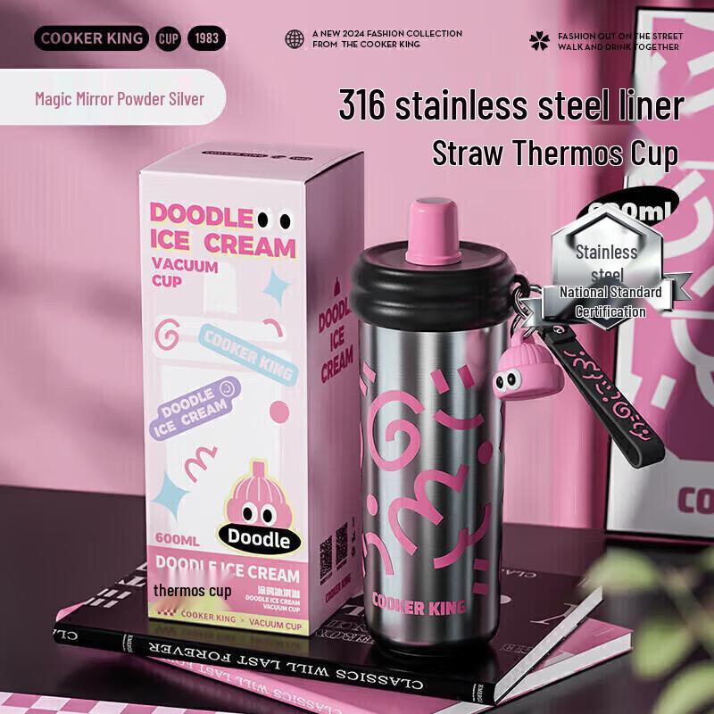 COOKER KING 600ml Graffiti Ice Cream Insulated Straw Water Bottle
