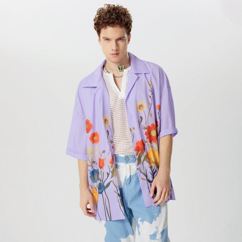 INCERUN Men Floral Printed Short Sleeve Hawaiian Shirts Oversized Lapel Buttons Tops