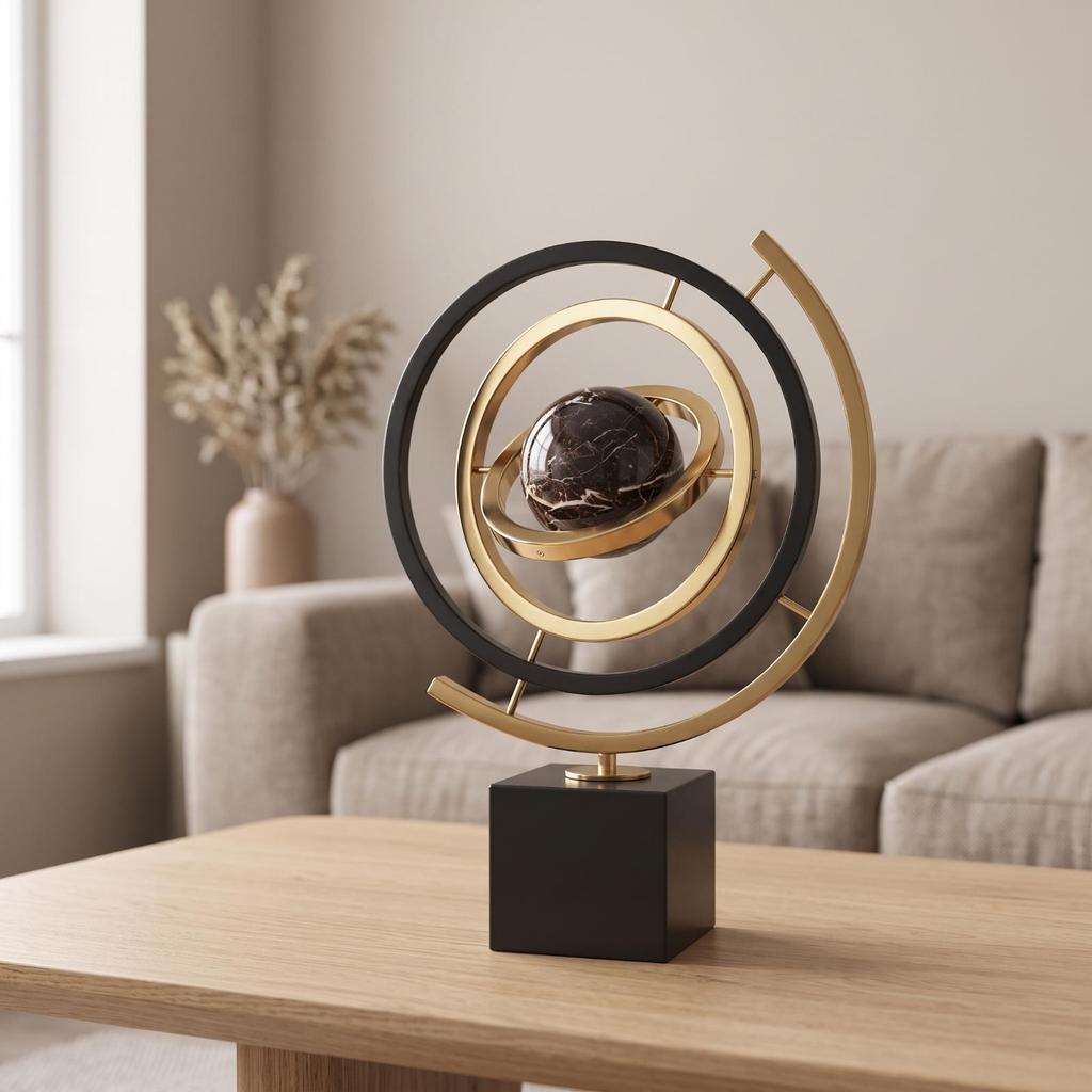 Modern-Luxury Globe Ornament with Marble Base Elegant Rotating Orbital