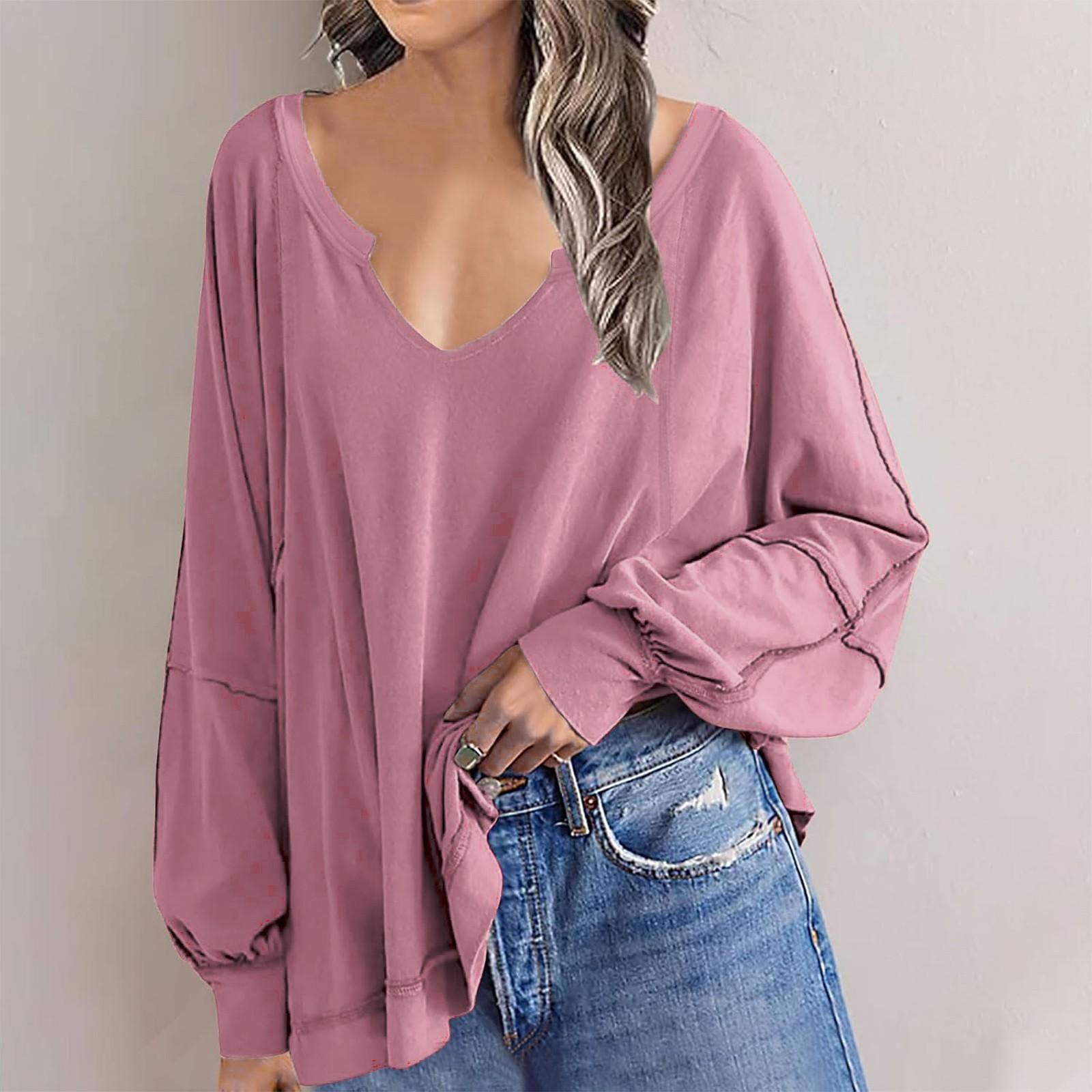 

Толстовка большого размера для женщин, повседневные толстовки с v-образным вырезом и нерегулярным подолом, свободный пуловер с длинными рукавами S розовый