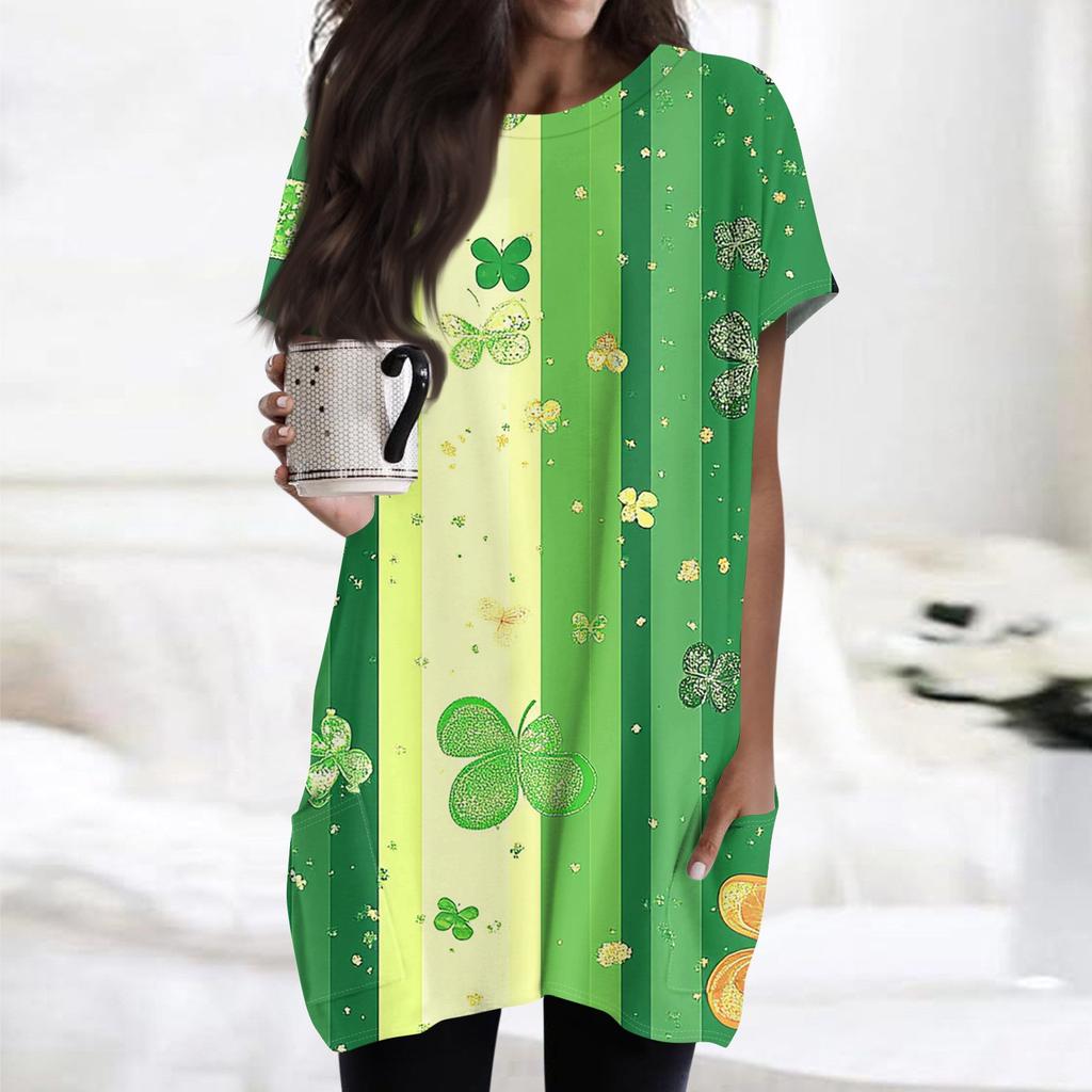 Women's Fashion Casual Short Sleeve Print Round Neck Double Pocket T-Shirt Top