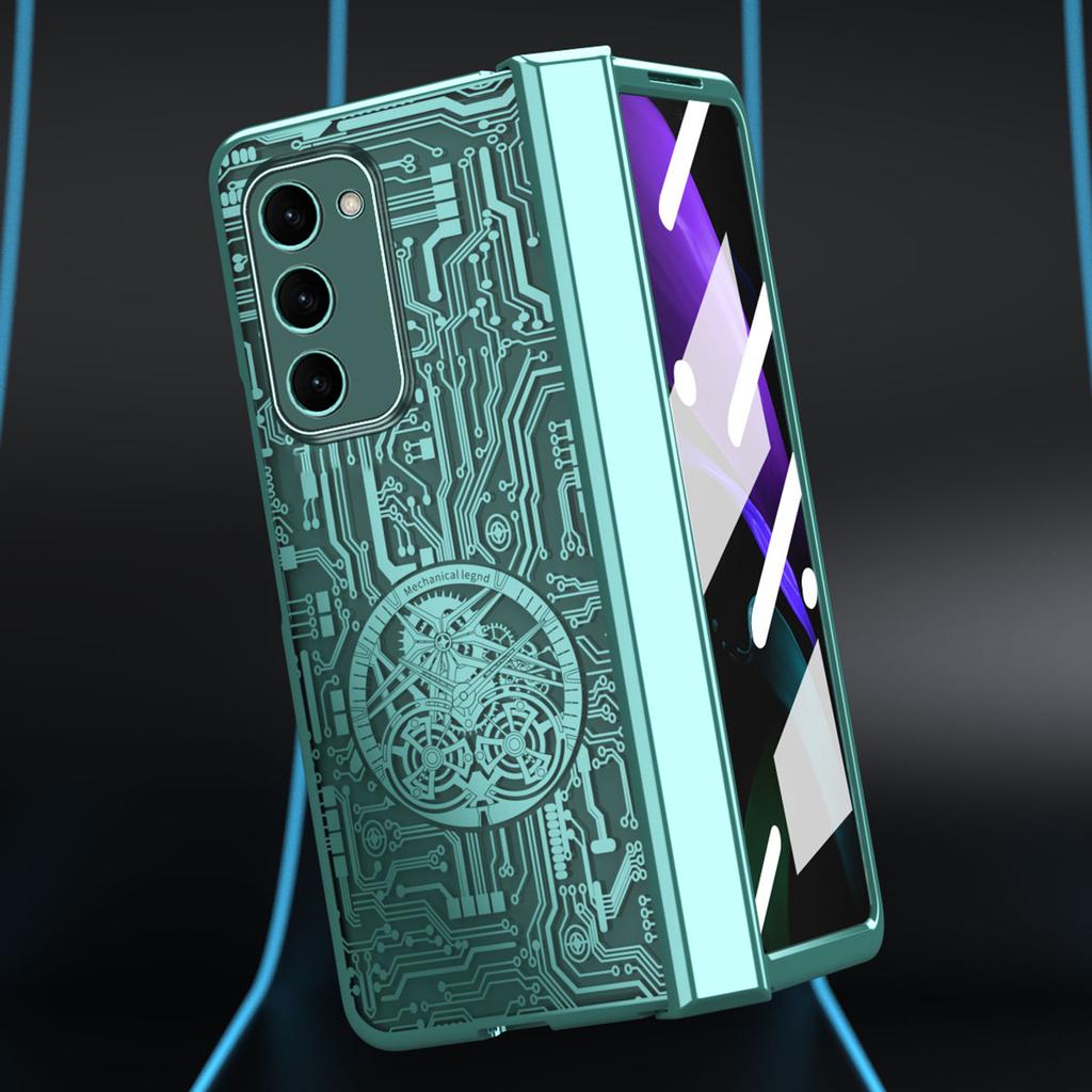 Für Samsung Galaxy Z Fold2 5G Mechanische Legenden Serie Scharnierschutz Handyhülle Hartes PC Galvanik Cover mit gehärteter Glasfolie
