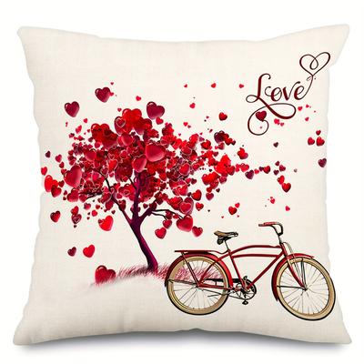 1pc Valentine's Day Pillow Covers 18×18 Inch, Red Bike And Red Heart Tree Pillow Cushion Cases for Valentine's Day Decor Throw Pillow Covers