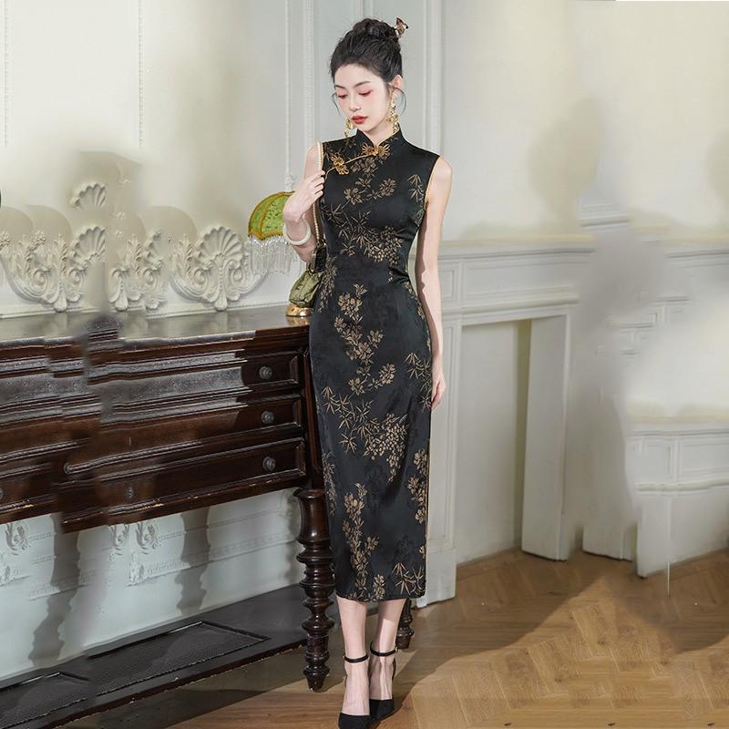 Elegant Black Sleeveless Cheongsam Dress Womens Modern Chinese Style Long Gown Vintage Inspired 2025 Small