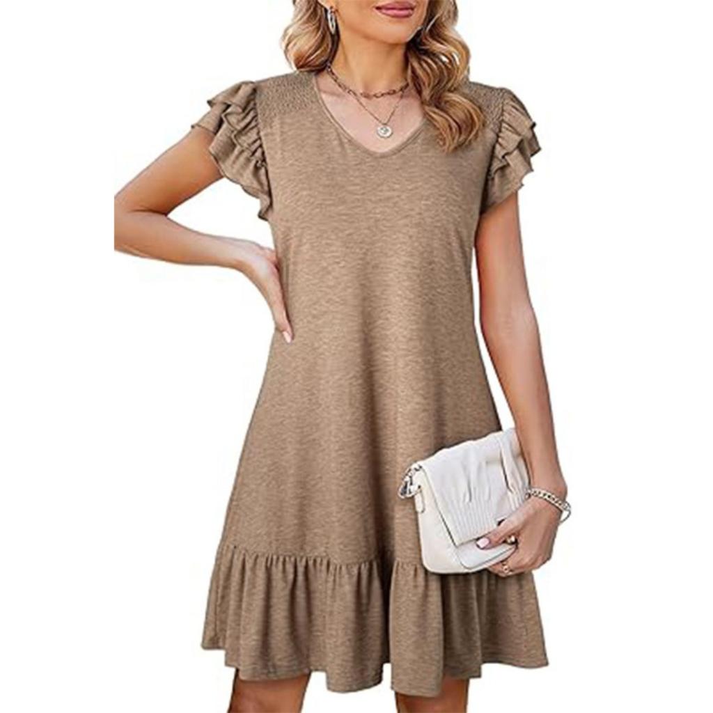 New Women's V-neck Ruffle Sleeve Loose Waist Cinched Dress for European American Crossborder