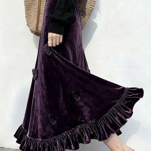 

Осенне-зимняя винтажная женская бархатная юбка с высокой талией, 3D аппликациями в виде роз и оборками по подолу, длинная А-силуэта M фиолетовый