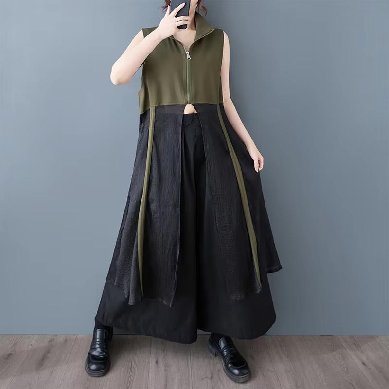 Xitao Patchwork Zipper Lapel Dress ZY8938