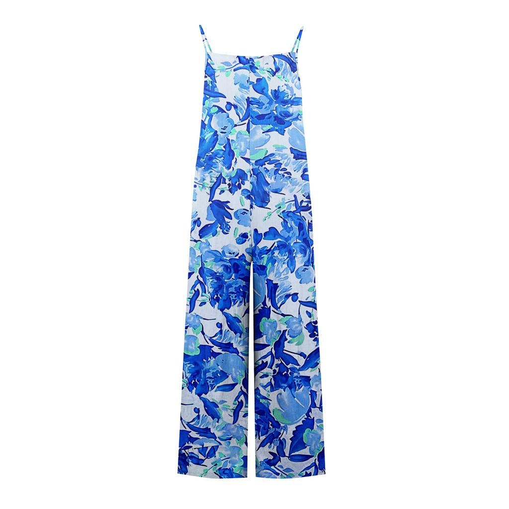 Wide Leg Overalls For Women Casual Loose Sleeveless Print Button Long Pant Romper Jumpsuit With Pockets