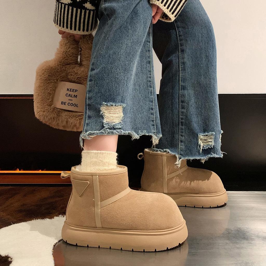 Snow Boots Women's 2025 Small Yellow Dolphin~ Big Head Cotton Shoes Women's New Winter Thick-soled Velvet Warm Cow Velvet Short Boots