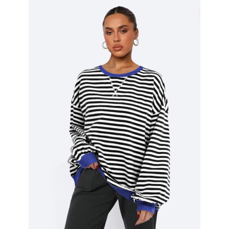 Dámská mikina s kulatým výstřihem a pruhy, volný top s lucernovými rukávy