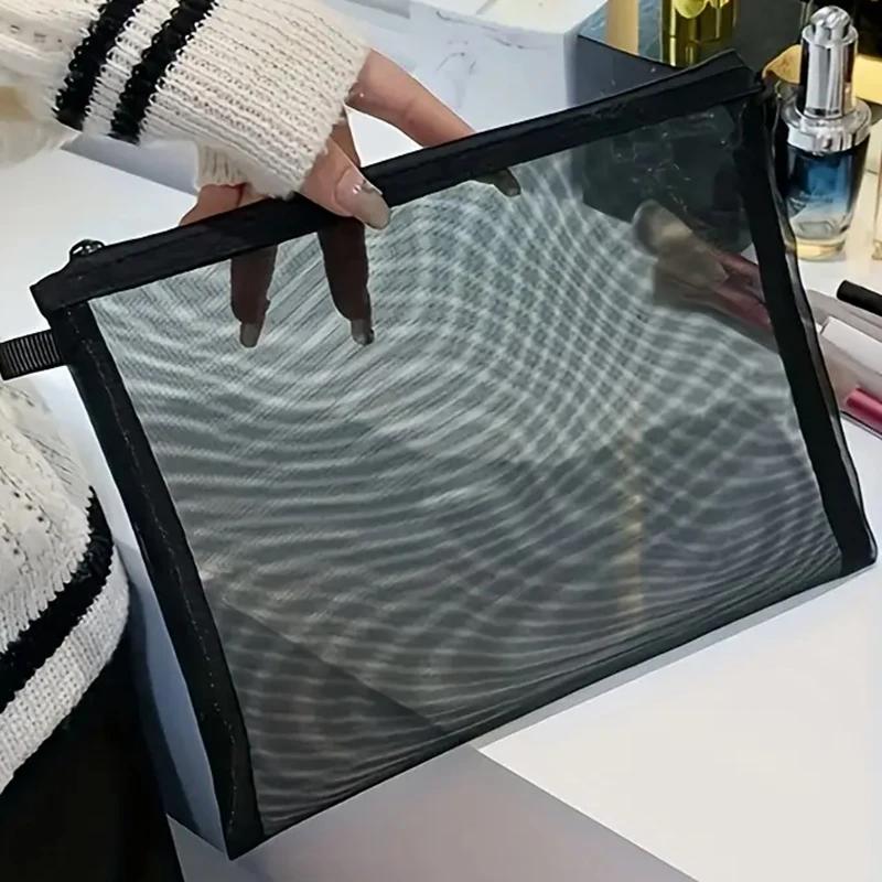 3pcs Black Nylon Mesh Cosmetic Bag Zipper Toiletry Organizer Makeup Bags Multifunctional Women Lipstick Key Coin Purse Pouch