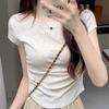 Sweet and Pure Desire Shoulder Short Sleeved T-shirt for Women, Embroidered with Bow, Spring and Summer Version Pleated Waist Cinching Short Top