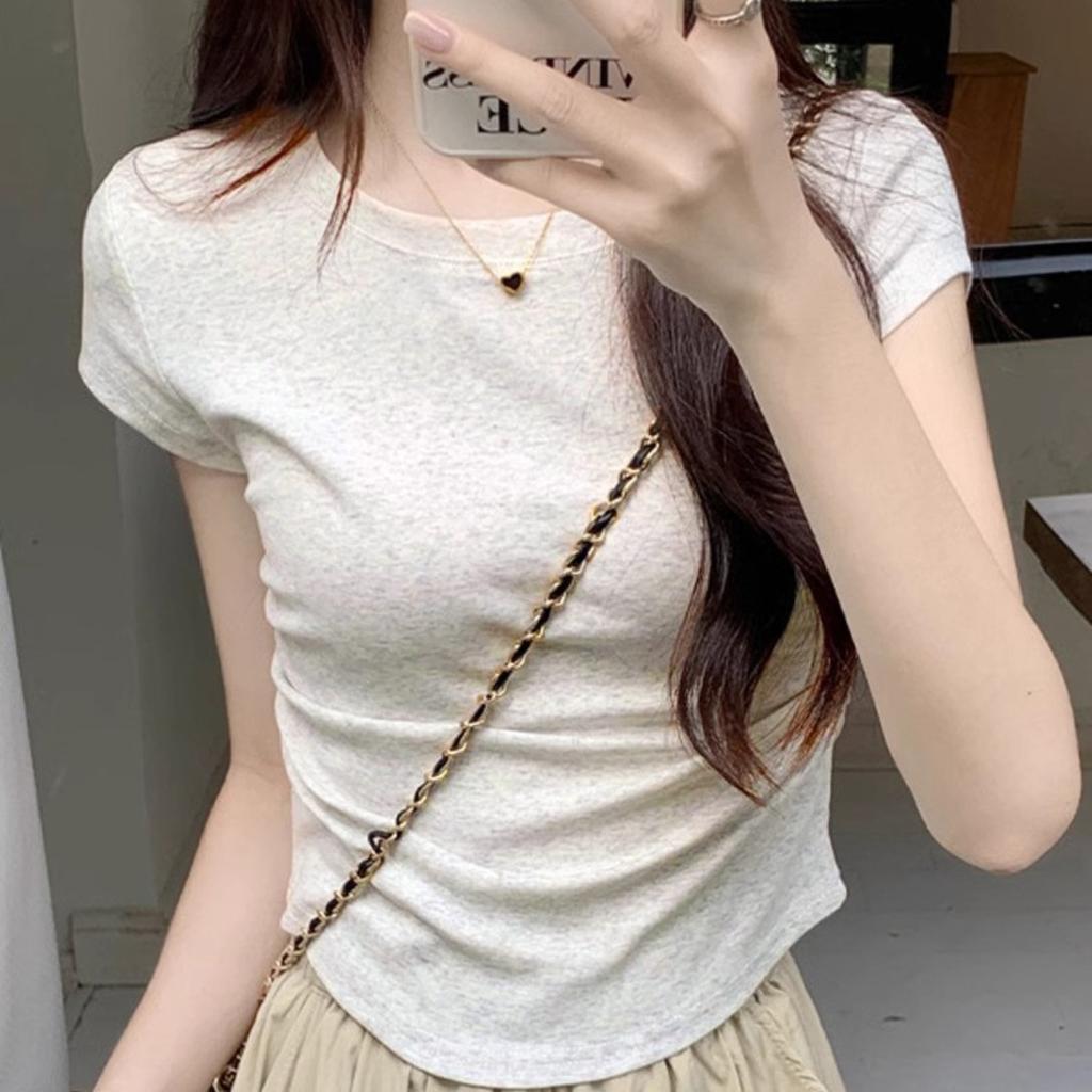 Sweet and Pure Desire Shoulder Short Sleeved T-shirt for Women, Embroidered with Bow, Spring and Summer Version Pleated Waist Cinching Short Top