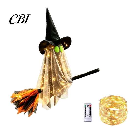 Waterproof Haunted House Supplies Halloween Flying Ghost with Witch Broom, Large Lighted Hanging Decoration Outdoor Yard Party Decor Hat for