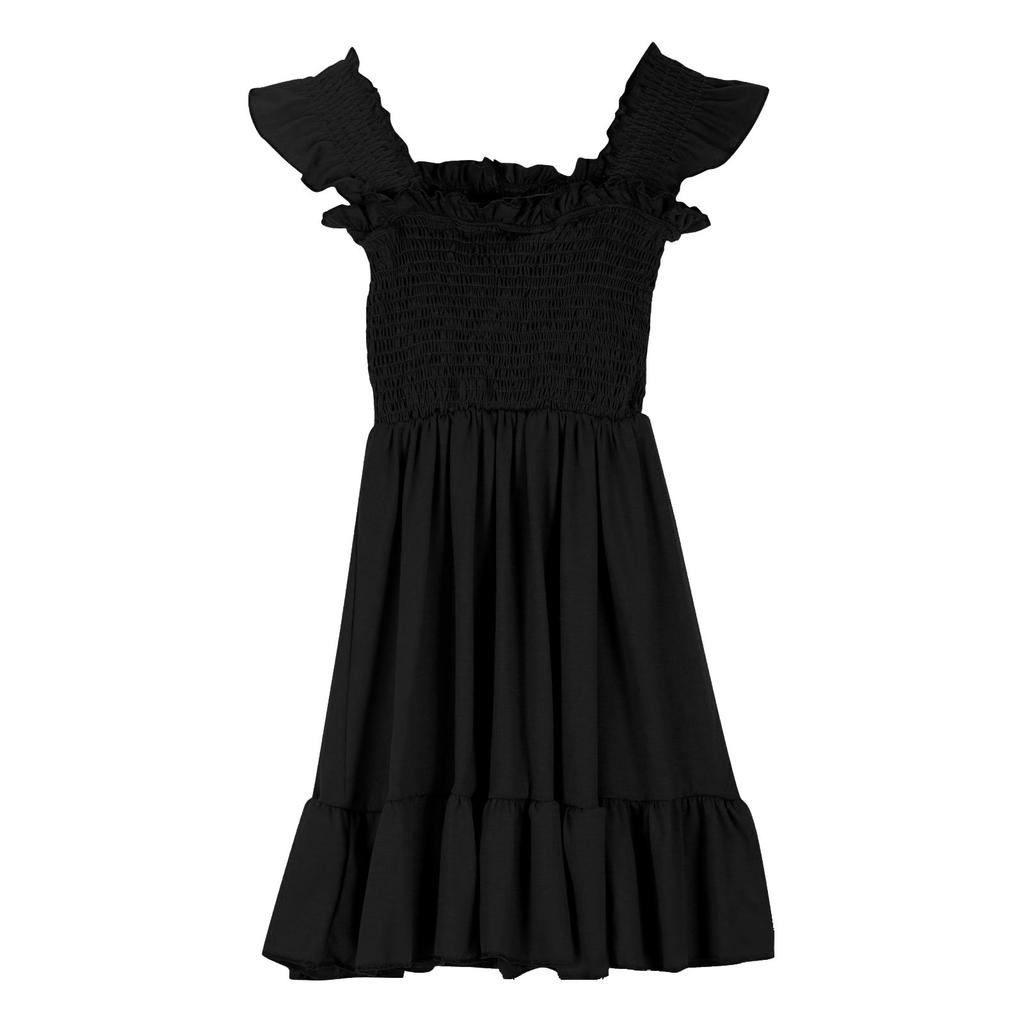 Girls Summer Sleeveless Dress - Square Neck Ruffled Back Short Dress