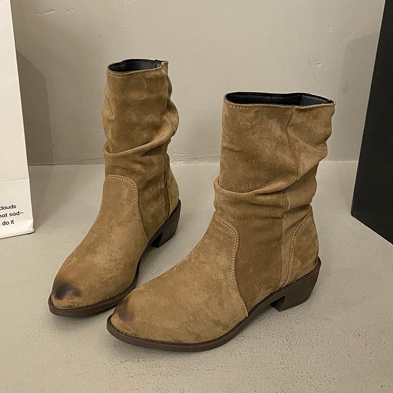 Pointed thick heel stack boots 2025 autumn Korean version of the new thin elastic boots temperament suede middle heel fashion Martin boots