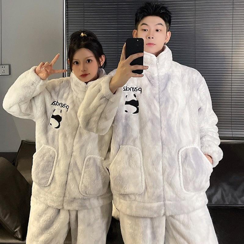 Coral Fleece Couple Pajamas Set Cartoon Lined Zip Sleepwear Men Women