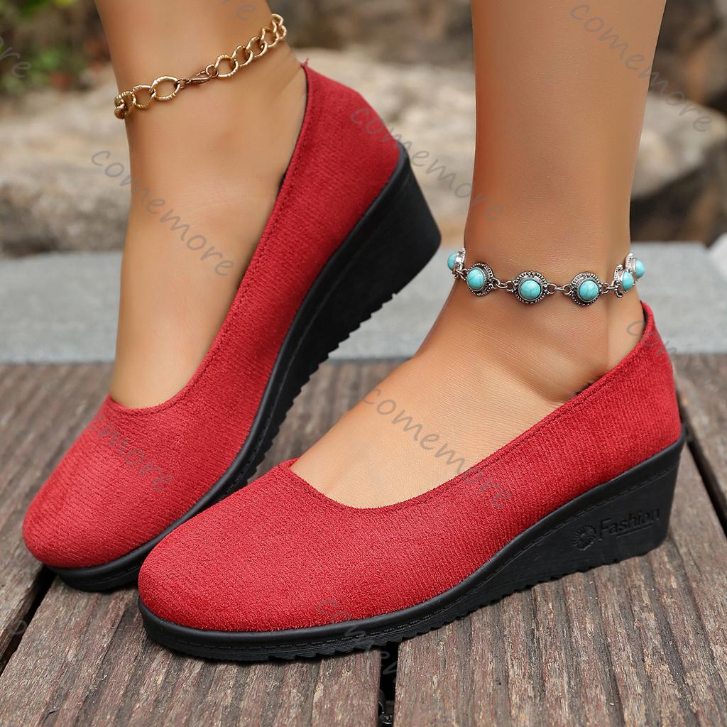 Fashion Comemore Spring Autumn Solid Colour Shallow Mouth Single Shoes for Women Casual Suede Soft Bottom Wedges Heel Women's Shoes
