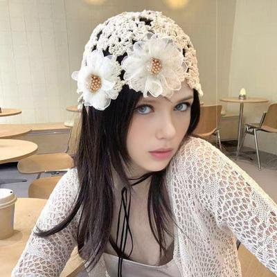 Yousheng Women Hat Hollow Crochet Bud Hat with 3D Flower Decor Solid Color Elastic Design Outdoor Breathable Hat