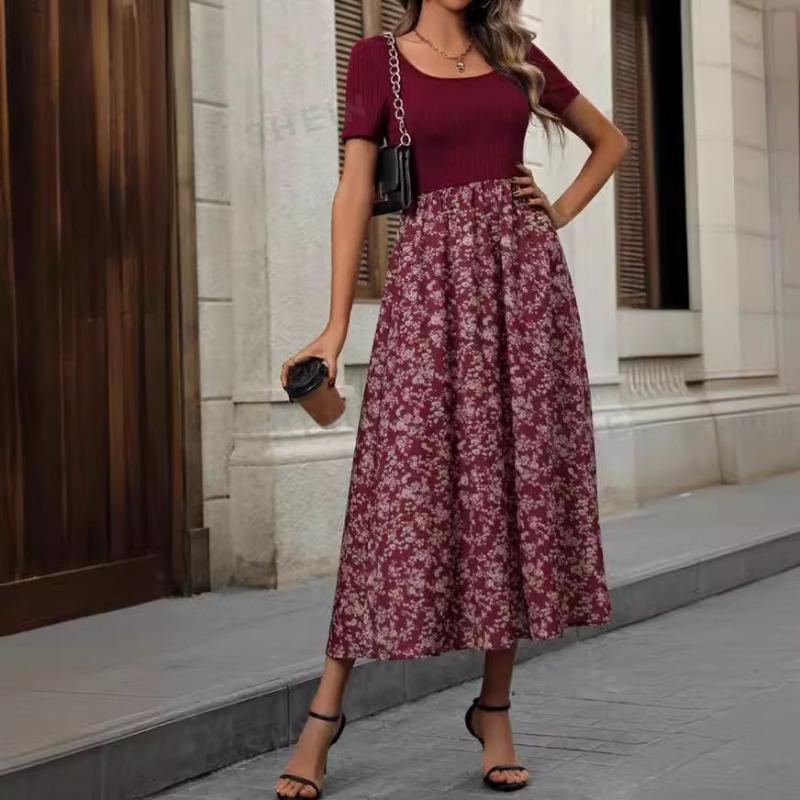 Women Multicolor Splicing Floral Short Sleeve Ladies Dresses Long Dresses