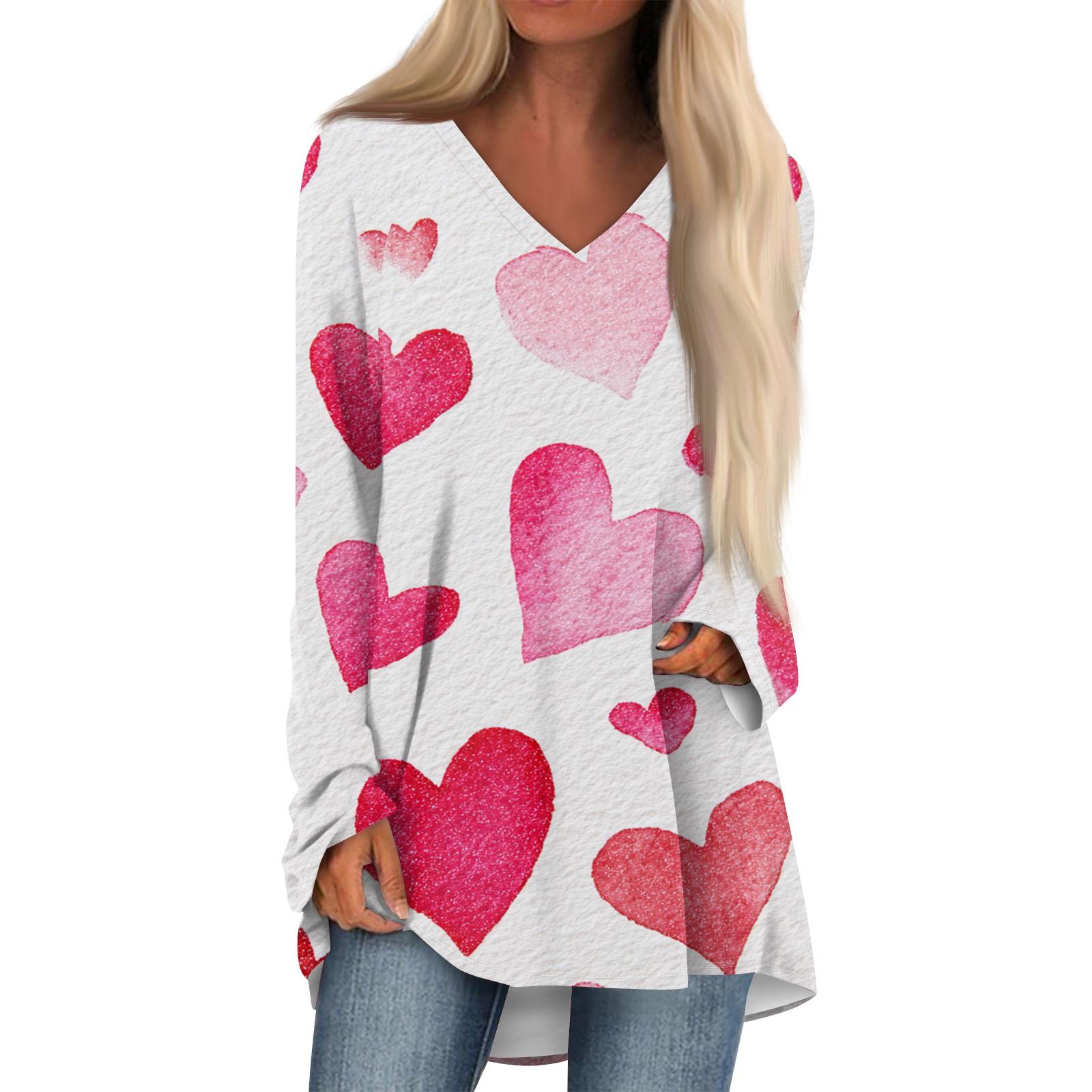 

Women s Fashionable Casual Long-Sleeved Valentine s Day Print V-Neck Mid-Length Top XXXL