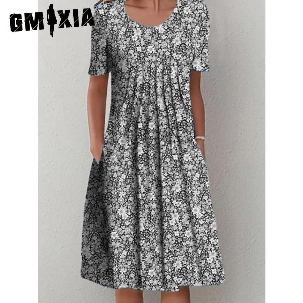 GMXIA 30 Color Pleated Midi Dress Short Sleeve Round Neck Loose Hem Mid-Calf Length Women Floral A-Line Party Dress Casual Wear