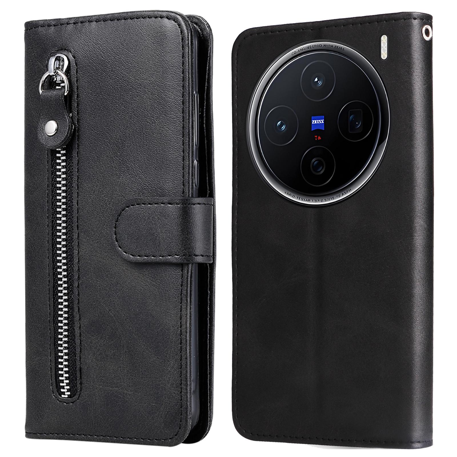 

For vivo X200 5G Case Zipper Wallet Calf Texture PU Leather Phone Cover Black