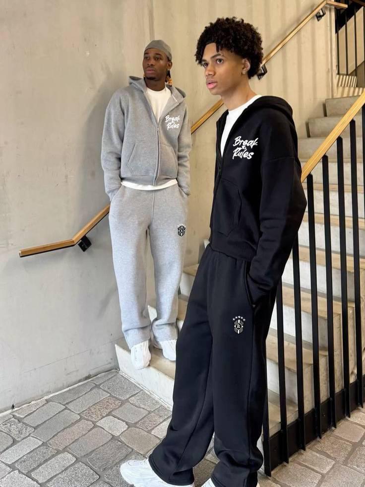 European American Trendy Street Style Graphic Zip-Up Hoodie & Casual Set