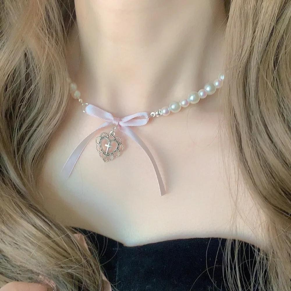 

Cute Sweet Pink Bowknot Heart Cross Pearl Pendant Necklace for Women Charm Cartoon Chokers Y2K Jewelry Cosplay Accessories Gift перлинний