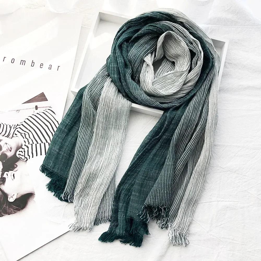 New 190*80cm Artistic Style Striped Cotton Linen Scarf Shawl Men's and Women's Same Style Mori Foulard En Mousseline Scarves