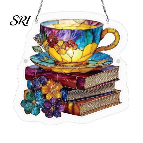 Home Decoration Suncatcher Floral Tea Cup And Book Suncatcher, Stained Glass Effect Window Hanging Ornament, DIY Acrylic Sun Catcher Puzzle A