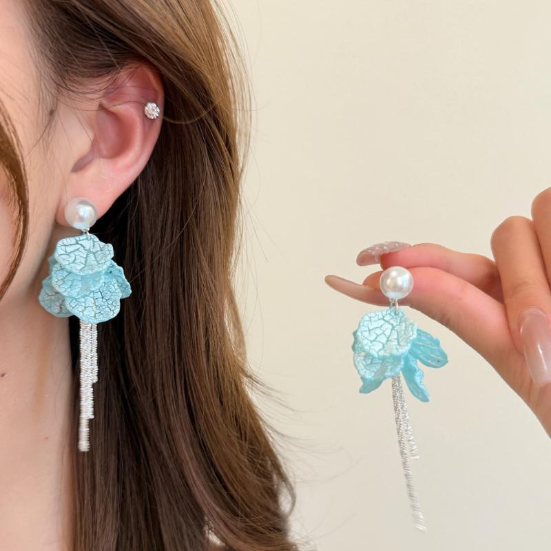 Blue Flower Leaf Dangle Earrings - Acrylic Long Drop Earrings for Women, Summer Beach Vacation Party Jewelry Accessories