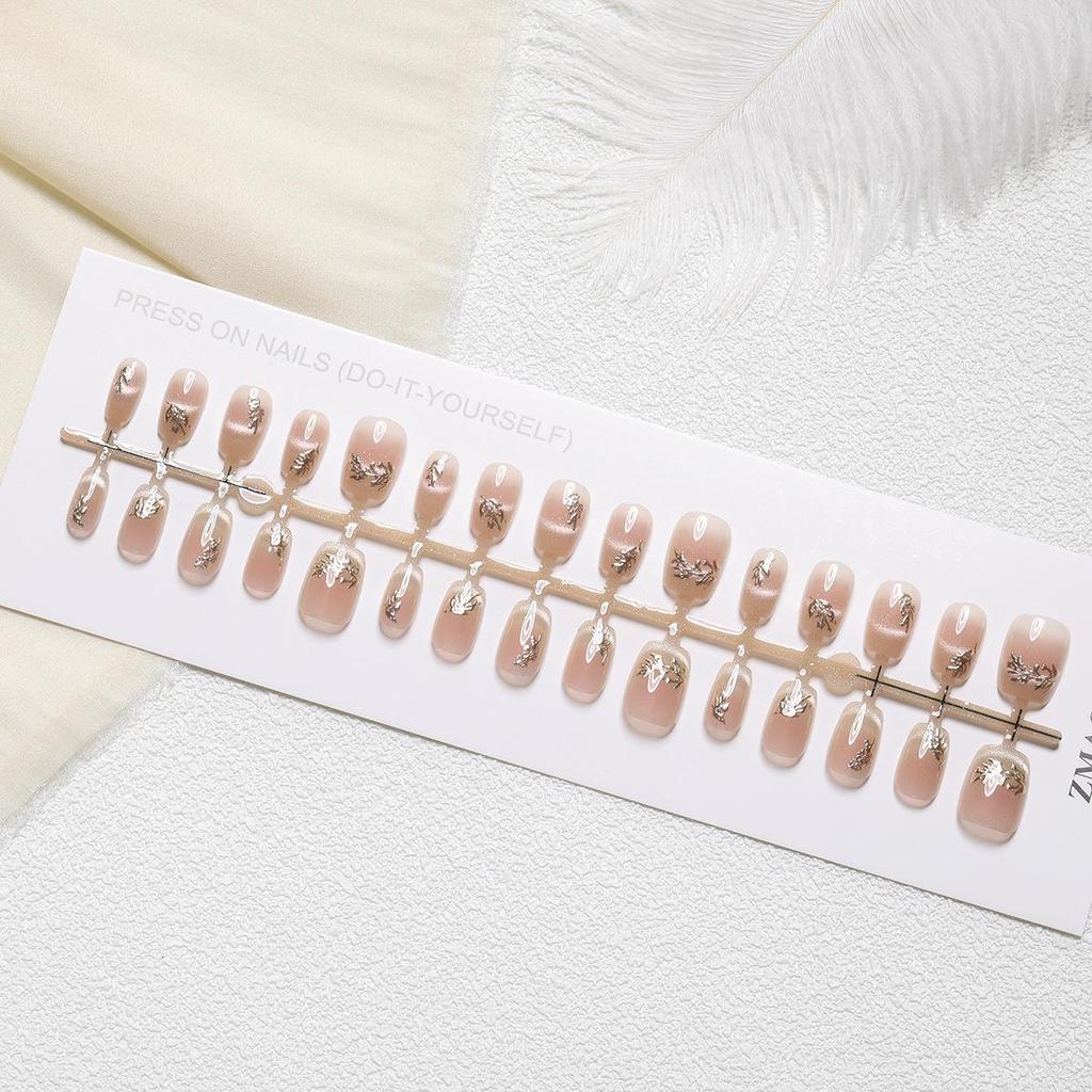 Nail Art Gilded Cat's Eye Blush Tips - 30-Piece Set, Handmade & Ready-to-Wear In XS/S/M