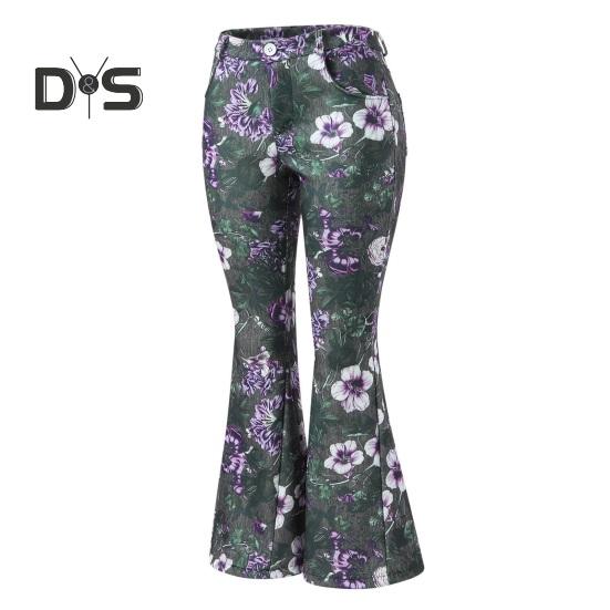 Women Denim Pants High-Waisted Floral Print Flared Jeans with Pockets Belt Ring Lightweight Breathable Jeans