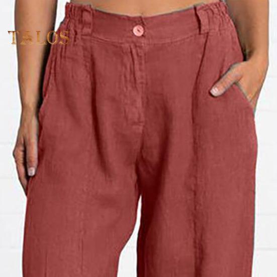 Women Casual Pants with Oblique Pockets Elastic Waist Wide-Leg Design Solid Color Leisure Pants Travel Work Daily Wear