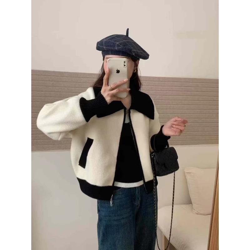 Spring new loose contrasting color lapel zipper knitted double-sided woolen cardigan casual versatile sweater jacket women