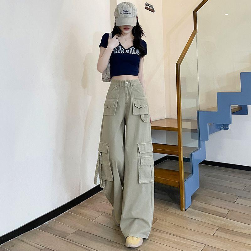 

Дизайн светло-серого цвета Рабочие прямые джинсы с несколькими карманами для женщин Новые джинсы с высокой посадкой и эффектом похудения Драпированные брюки широкие от бедра XXL