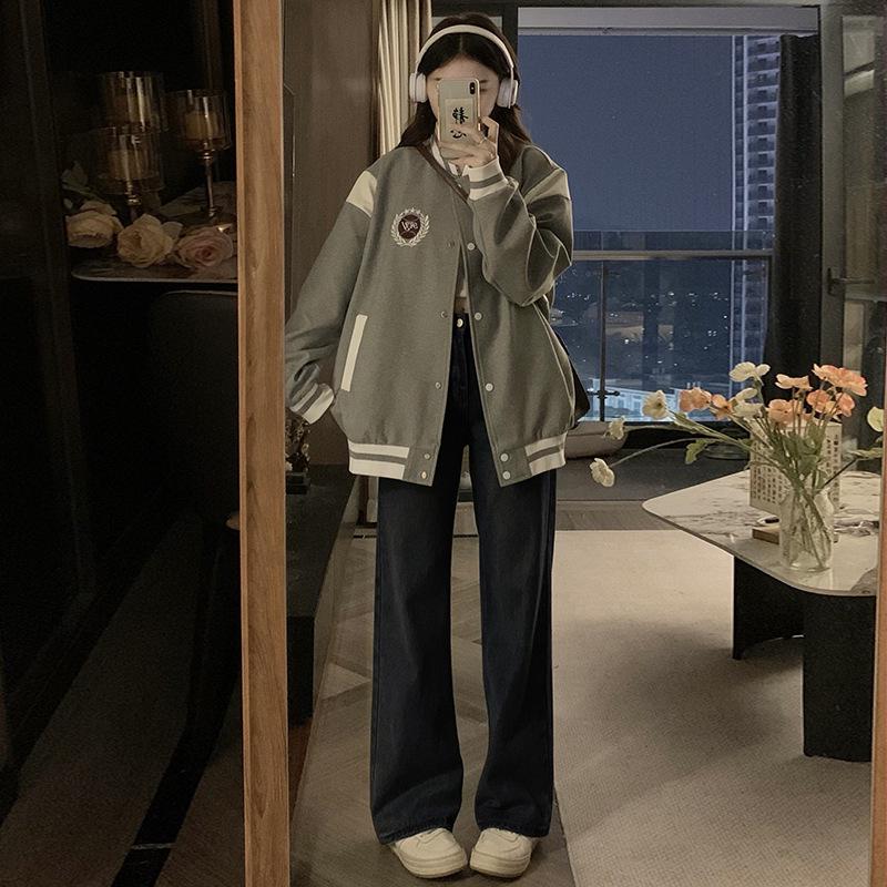 Damen Graue Retro College-Stil Baseballjacke - Frühling/Herbst 2024: Neues Spleißdesign, lässiger Stehkragen.