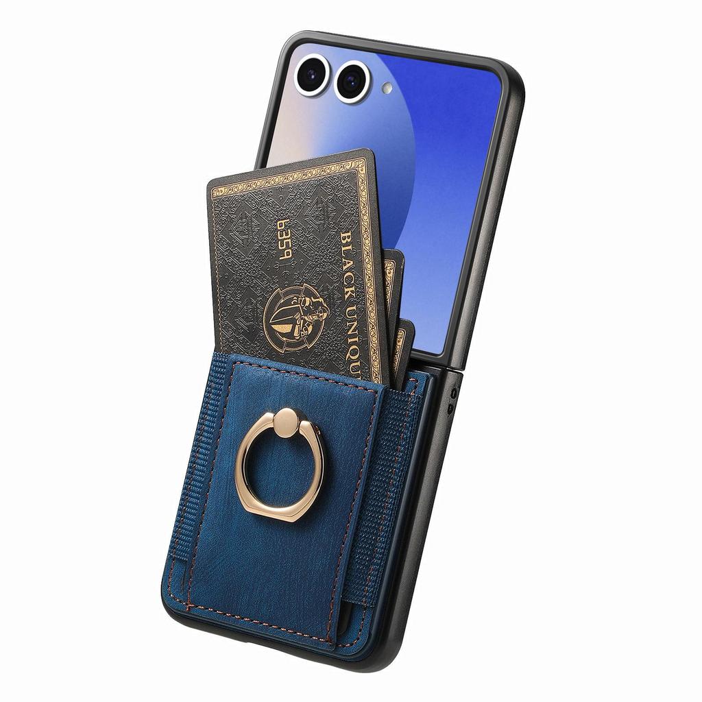 Samsung Z Flip 7 FE Leather Ring Wallet Case with Card Holder and Stand