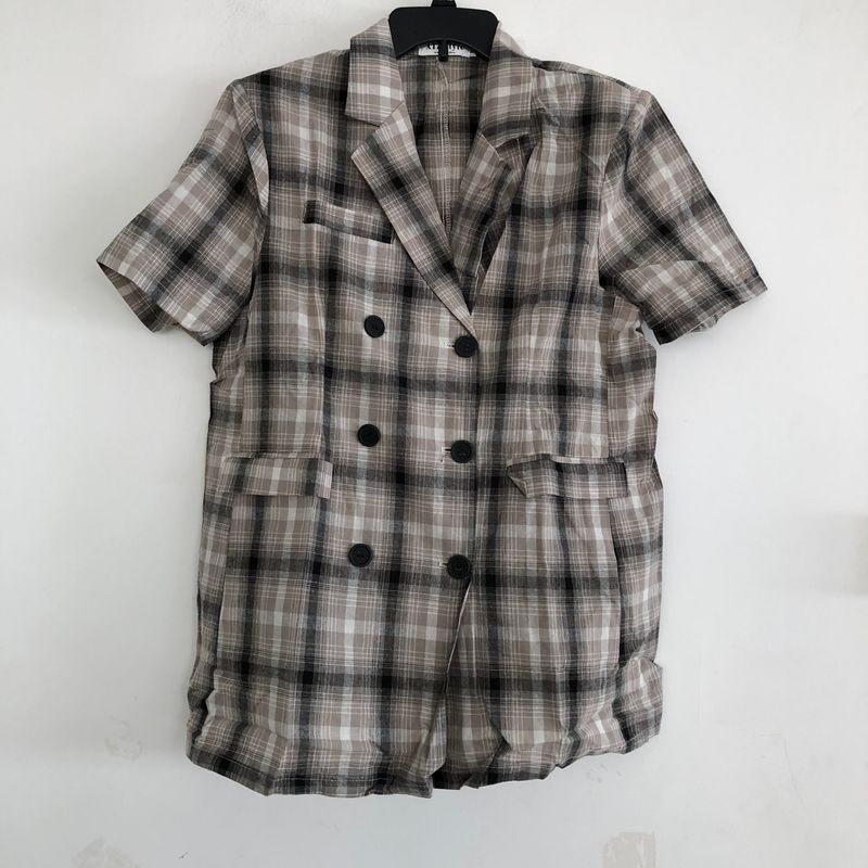 

Summer and Autumn Fashion Minimalist Suit Collar Pocket Top Short Sleeve Khaki Hagrid B- 11-22-4 L