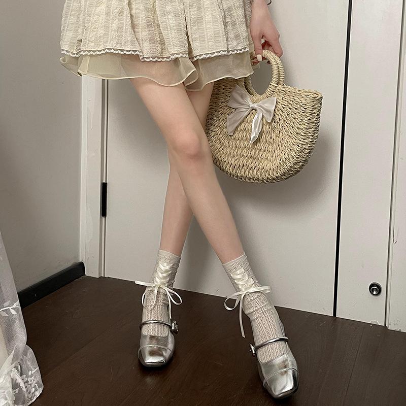 Fashion French Retro Silver Square Head Thick Heel Single Shoes Women's 2025 New Summer Skirt Light Mouth Mary Jane Shoes