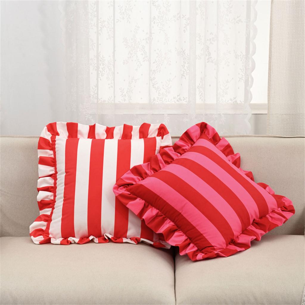 Stylish Square Pillow Cover With Ruffled Trim and Striped Pattern Design Throw Cushion Case For Sofa Bedroom Decors