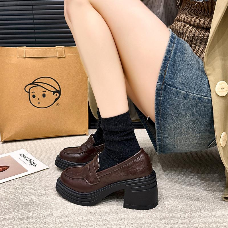 French Deep Mouth Single Shoes Women's 2025 New British Round Head High Heels Thick Heel Thick Sole Leather One-pedal Loafers