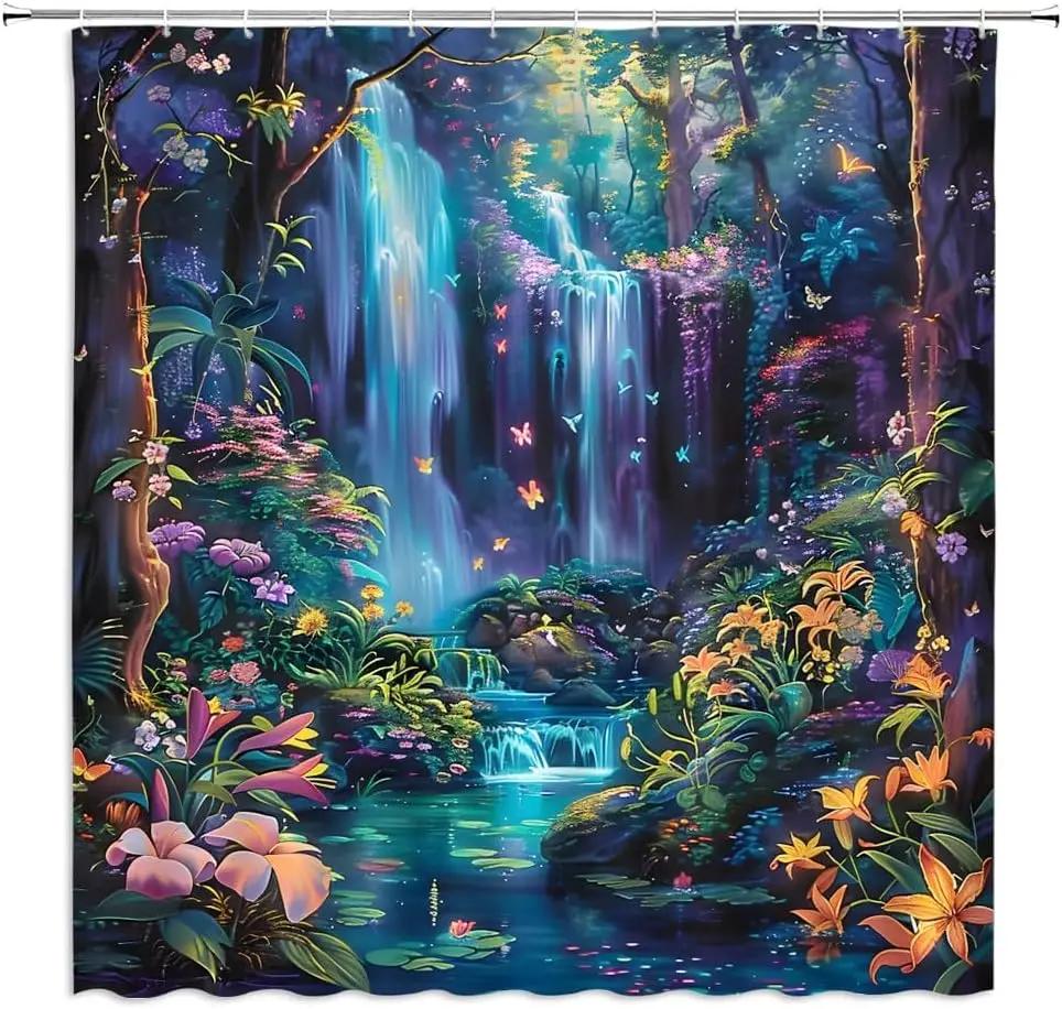 

Сказочный мир Лесной водопад Занавеска для душа Фэнтези Джунгли Тропическая ванная комната Полиэстер Тканая занавеска для душа 90X180CM