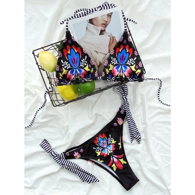 Boho Style Women's Print Micro Bikini Set 2025 New Sexy Halter Lace-Up Swimsuit Backless Push Up Swimwear Bathing Suit Beachwear