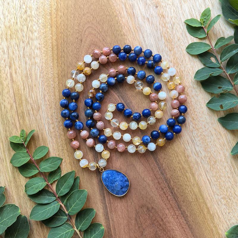 Yellow Fire Quartz,Sunstone,Sodalite Mala Necklace,JapaMala,108 Hand Knotted Meditation Necklace,Healing Crystals,Yoga Gift