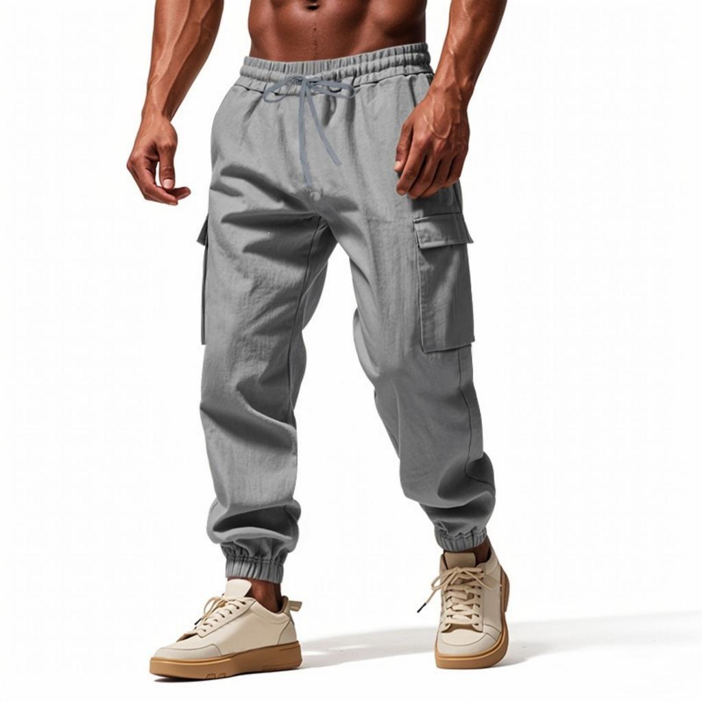 Men Linen Jogger Pants Relaxed Fit Outdoor Cargo Trousers Elastic Waist Drawstring Cuffed Hem Lightweight Casual Bottoms